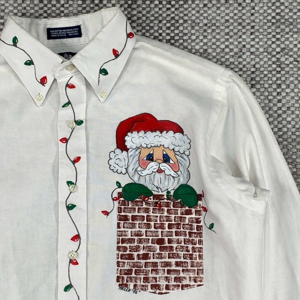 Stafford Button Down Shirt Mens 15.5 33 White Hand Painted Santa Christmas 96